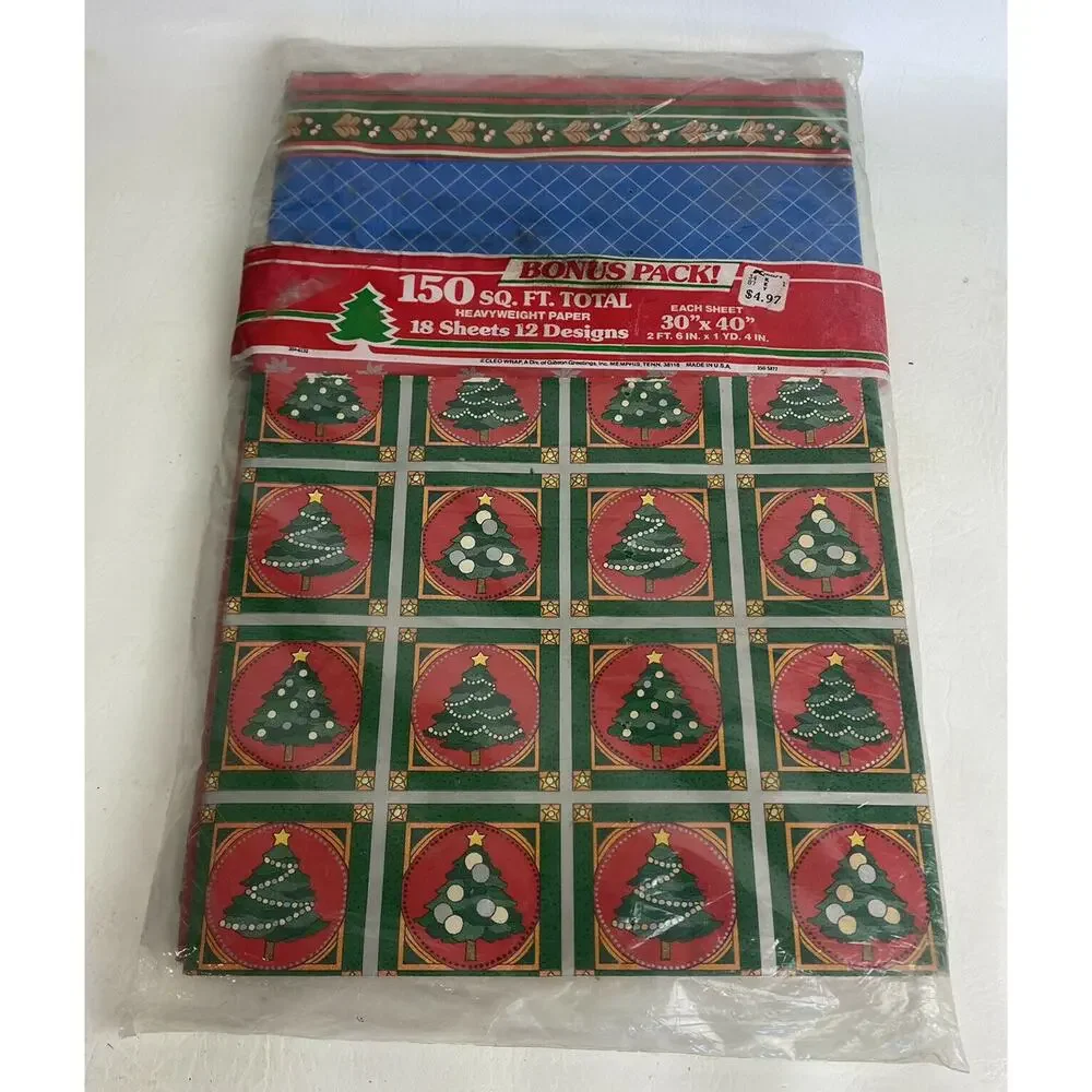 Vintage Wrapping Paper Christmas 150 Square Feet‎ Christmas Trees Snowmen NIP
